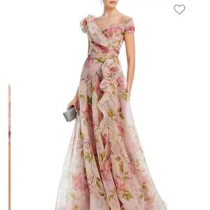 Elegant Pink Floral Off-Shoulder Evening Gown